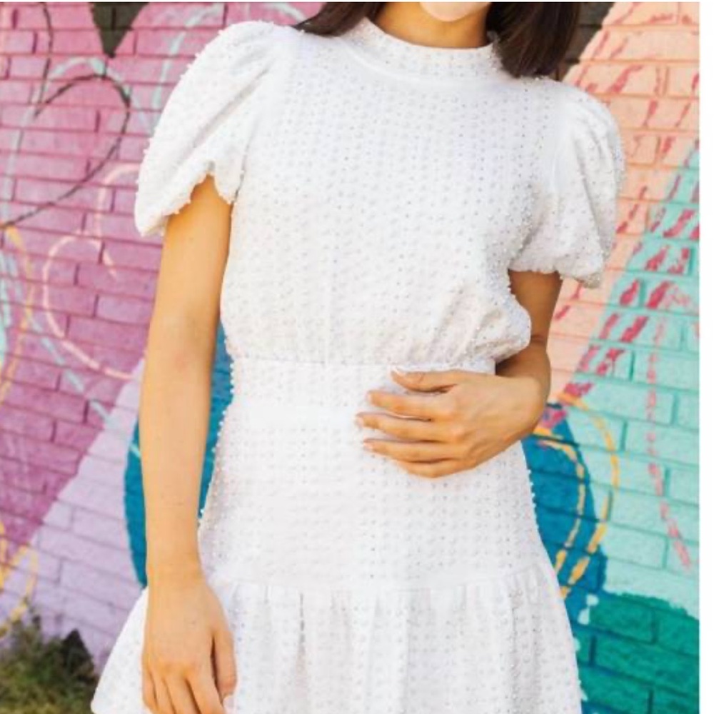 Buddy Love NWT Pearl & Crystal Embellished Puffy Sleeve White Top